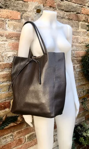 Tote leather bag in DARK brown. Leather shopper in chocolate brown. Soft natural GENUINE  leather. Large brown bag for your laptop, books