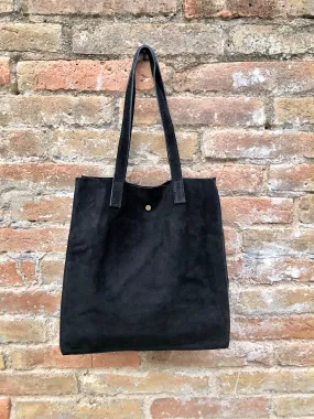 Tote suede leather bag in BLACK.Soft natural genuine leather shopper bag.  Black suede shopper. Black shoulder bag. Black suede purse.