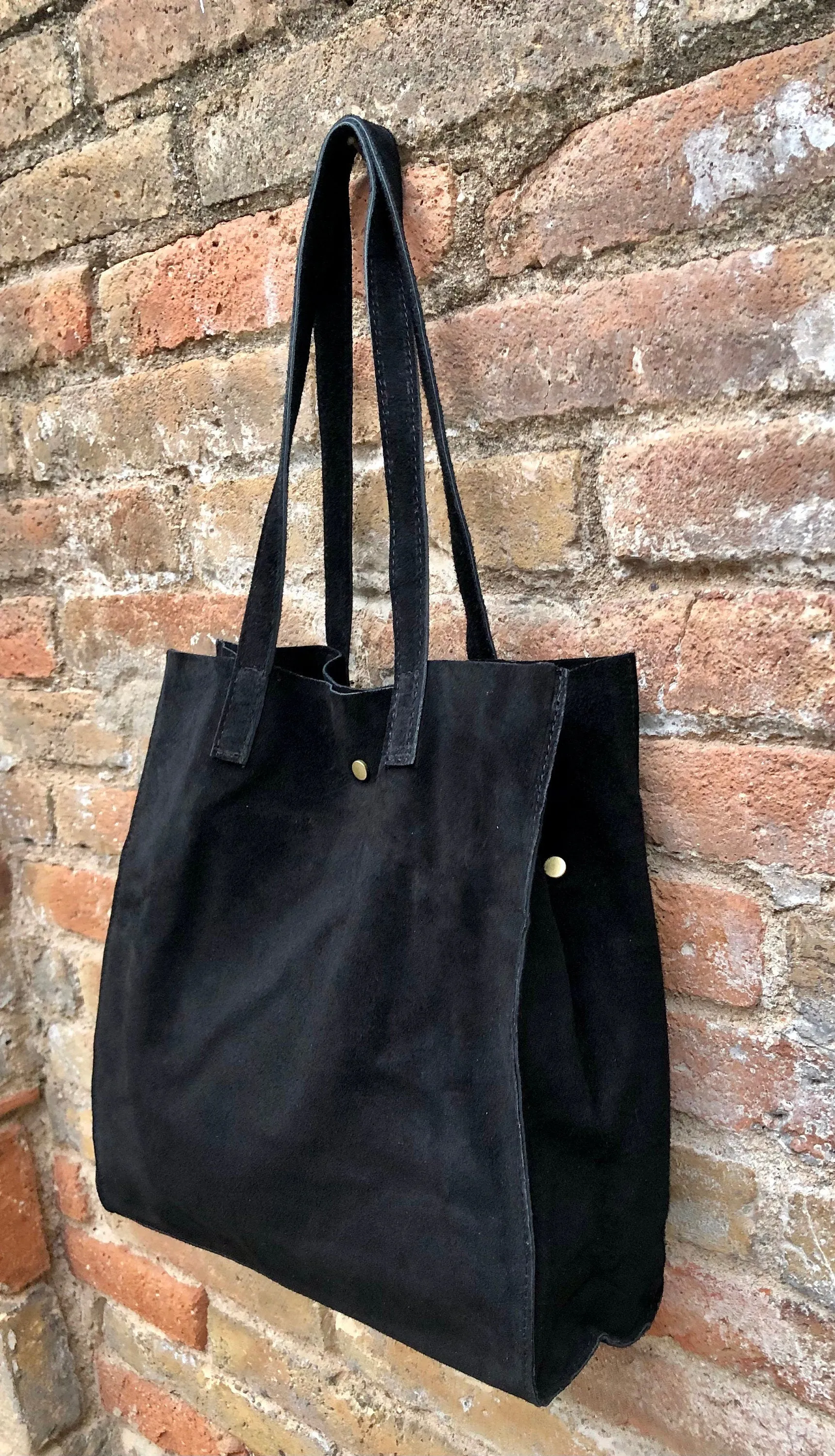 Tote suede leather bag in BLACK.Soft natural genuine leather shopper bag.  Black suede shopper. Black shoulder bag. Black suede purse.