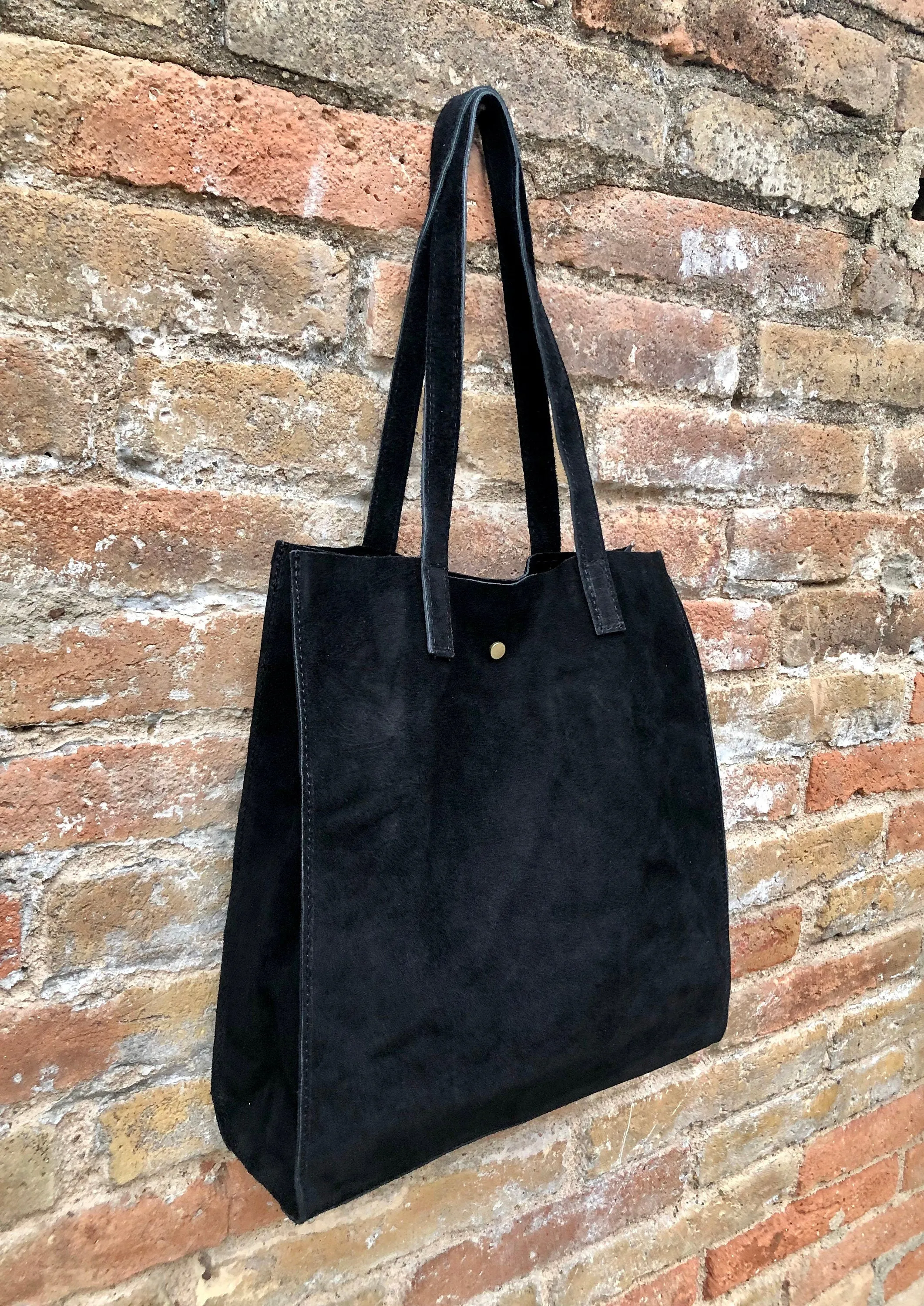 Tote suede leather bag in BLACK.Soft natural genuine leather shopper bag.  Black suede shopper. Black shoulder bag. Black suede purse.