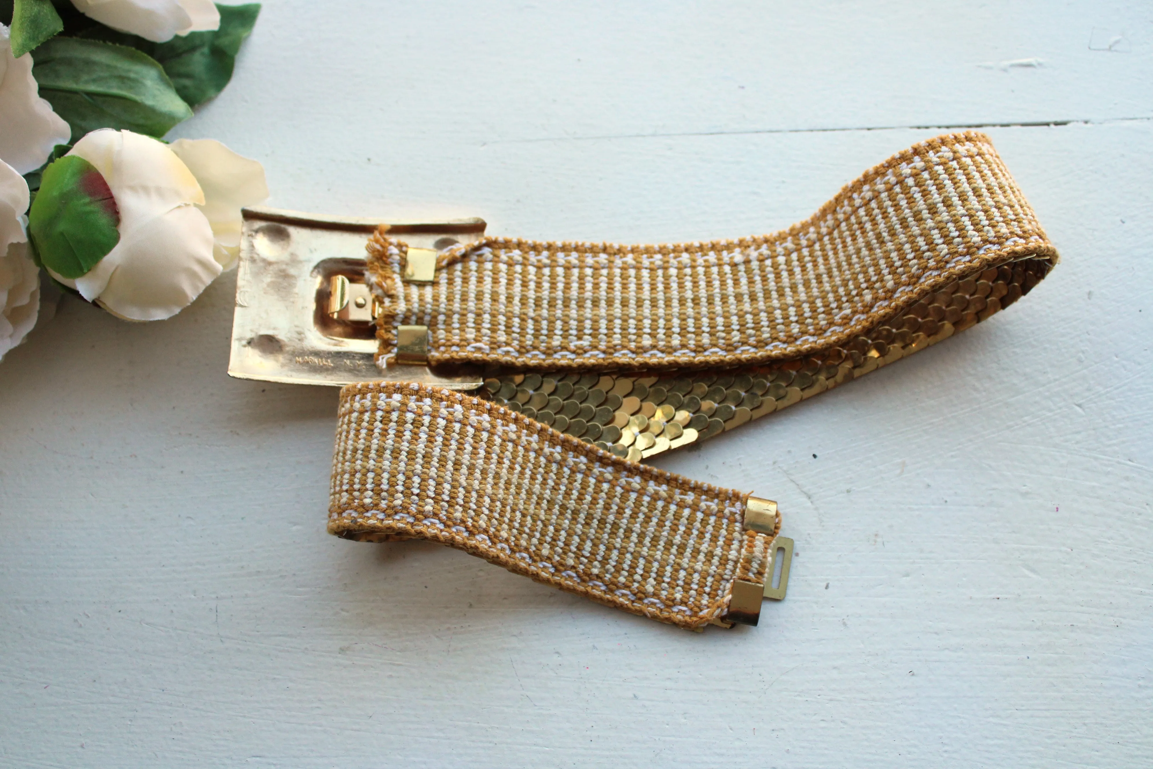 Vintage 1970s Gold Elastic Snake Belt By Harwill