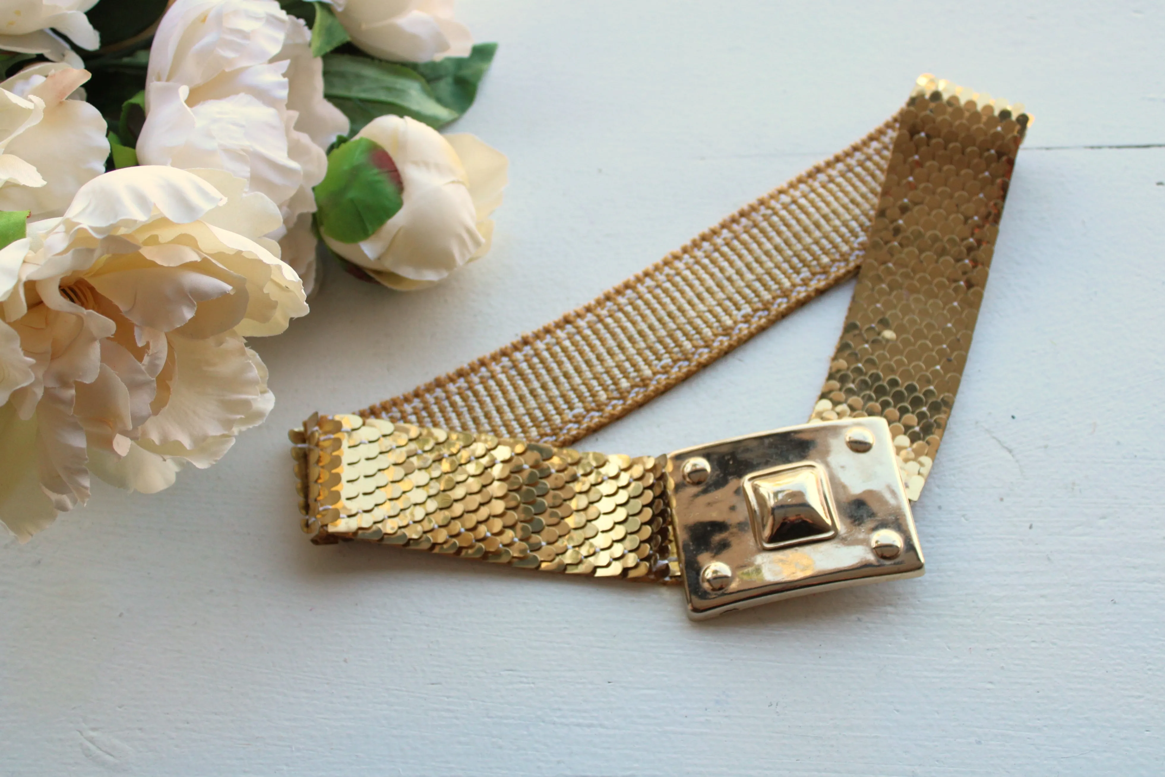 Vintage 1970s Gold Elastic Snake Belt By Harwill