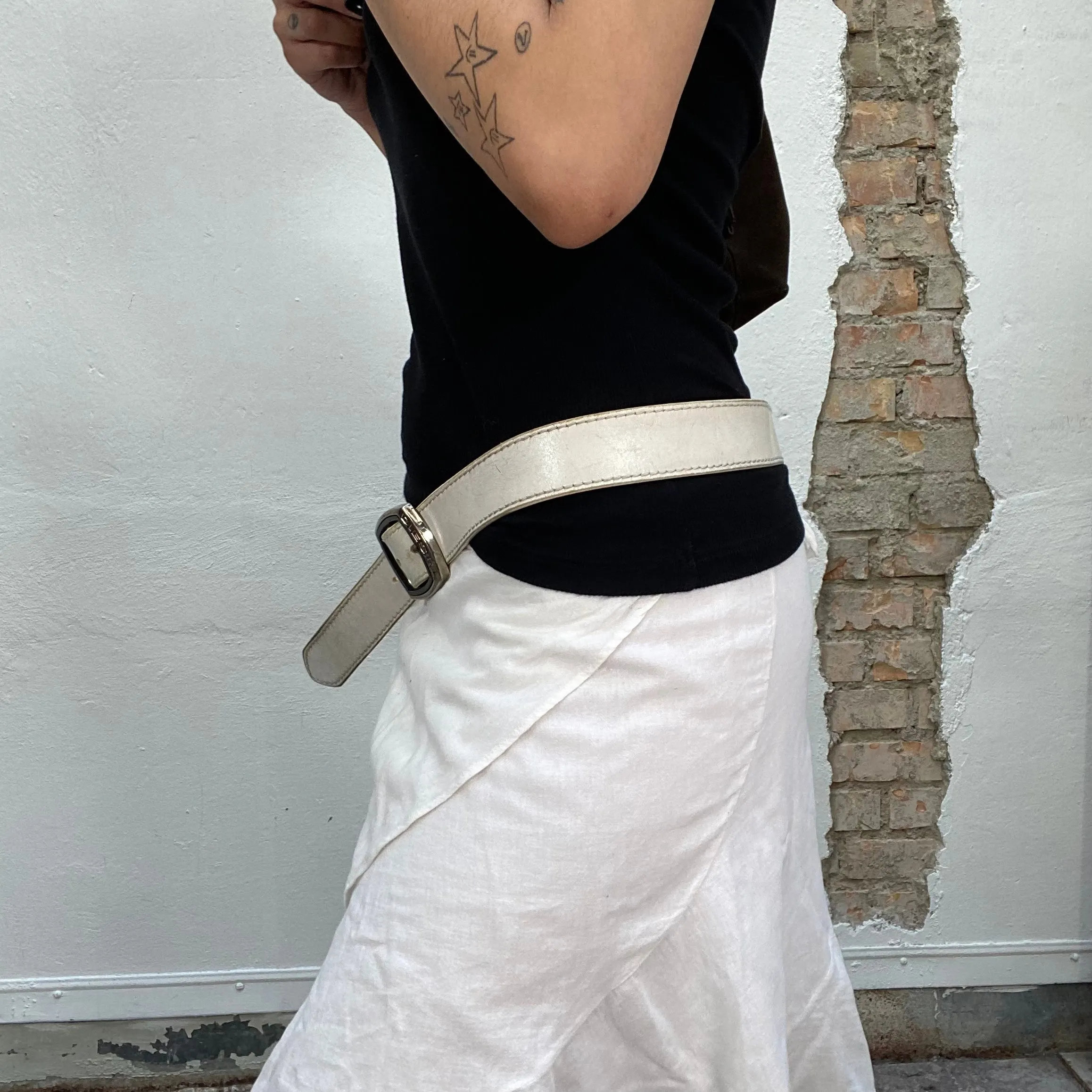 Vintage 90's Archive Diesel White Belt with Silver Square Buckle Detail