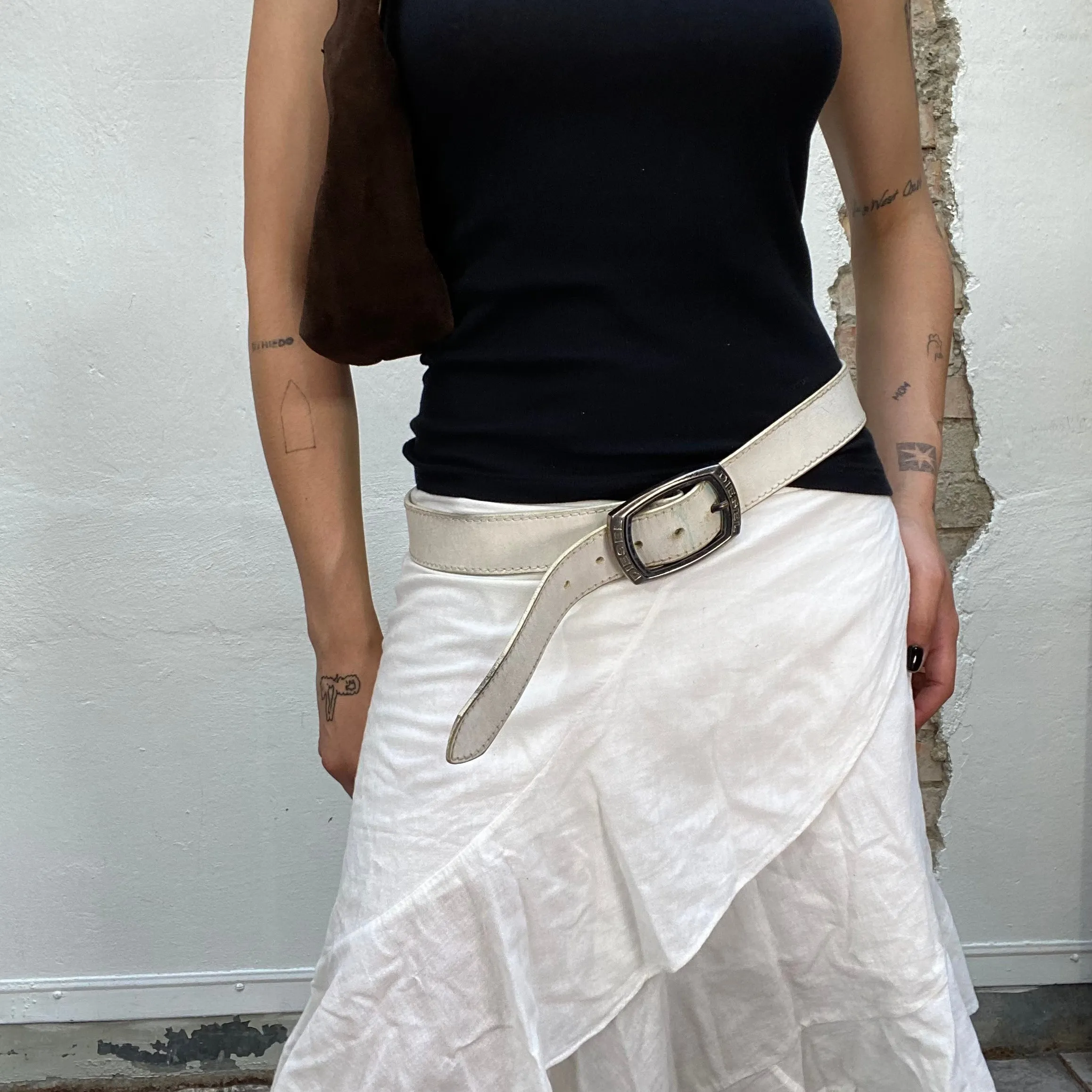 Vintage 90's Archive Diesel White Belt with Silver Square Buckle Detail
