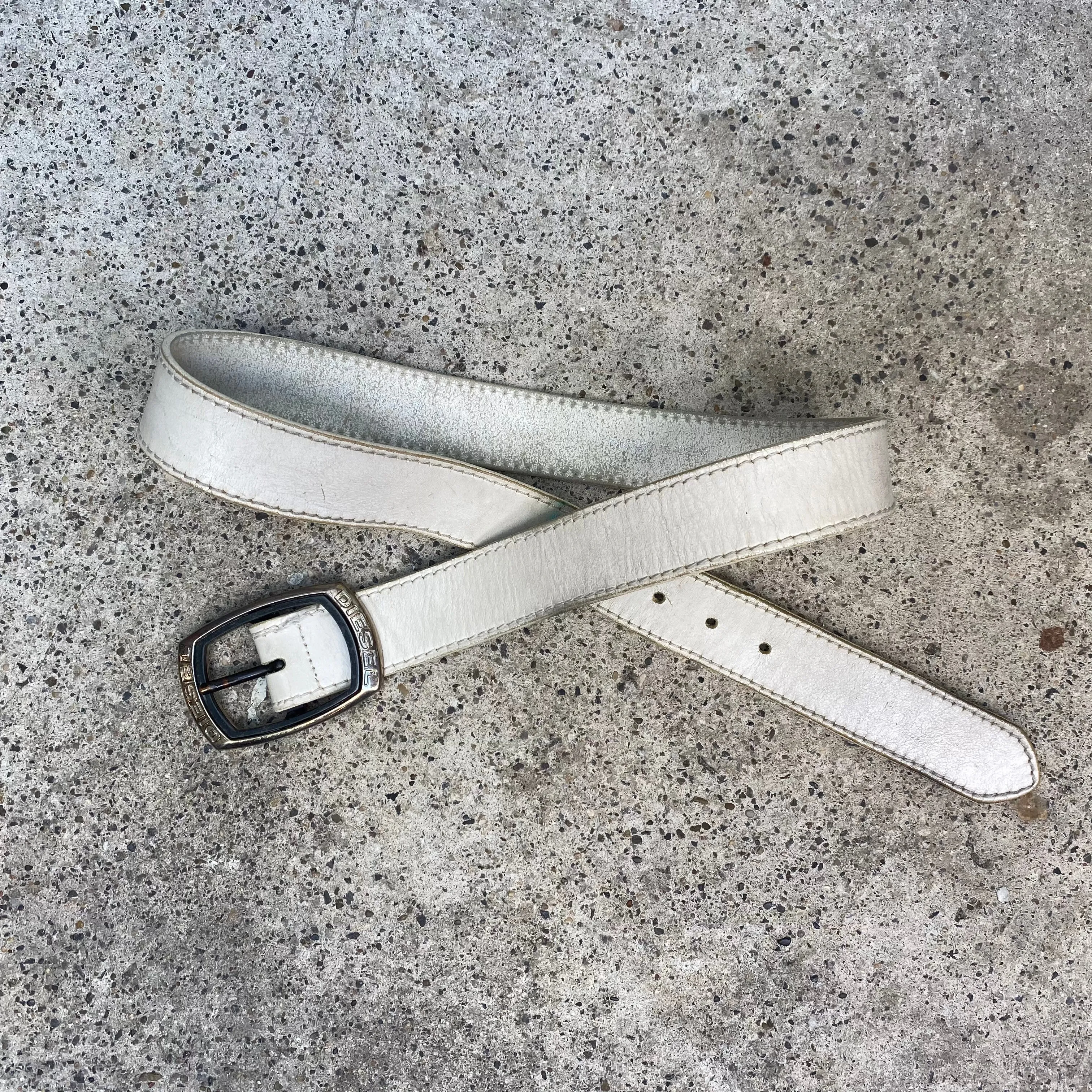 Vintage 90's Archive Diesel White Belt with Silver Square Buckle Detail