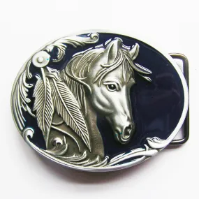 Vintage Blue Enamel Rodeo Horse Head Western Oval Belt Buckle