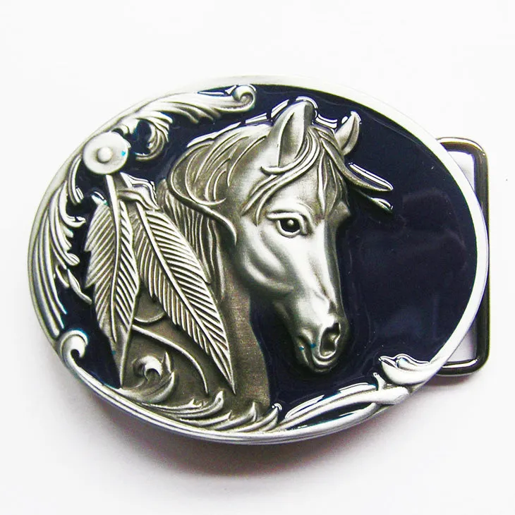 Vintage Blue Enamel Rodeo Horse Head Western Oval Belt Buckle