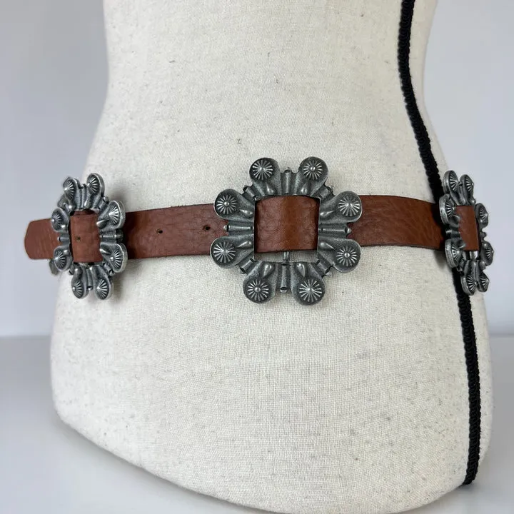 Vintage Brown Leather Pewter Concha Belt Size 32"