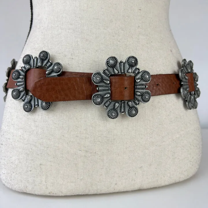 Vintage Brown Leather Pewter Concha Belt Size 32"