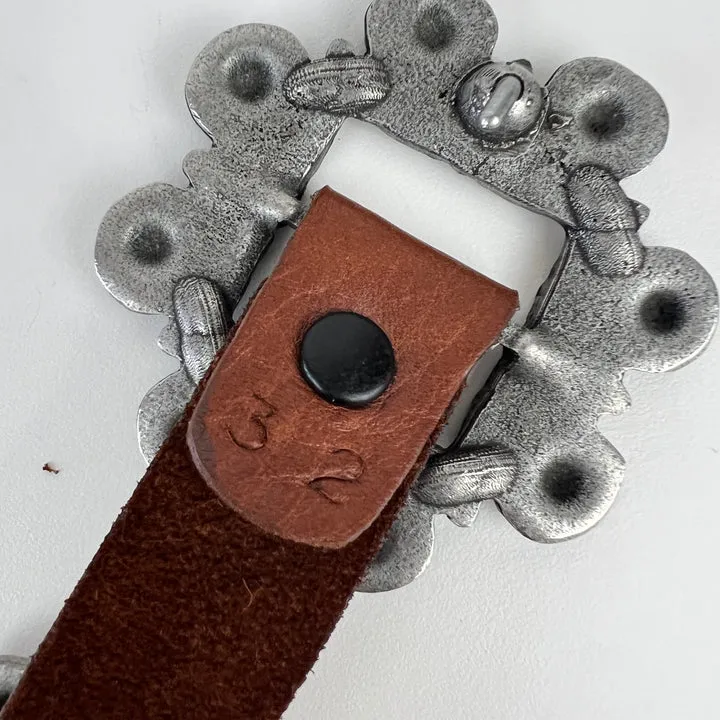 Vintage Brown Leather Pewter Concha Belt Size 32"