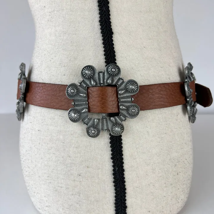 Vintage Brown Leather Pewter Concha Belt Size 32"