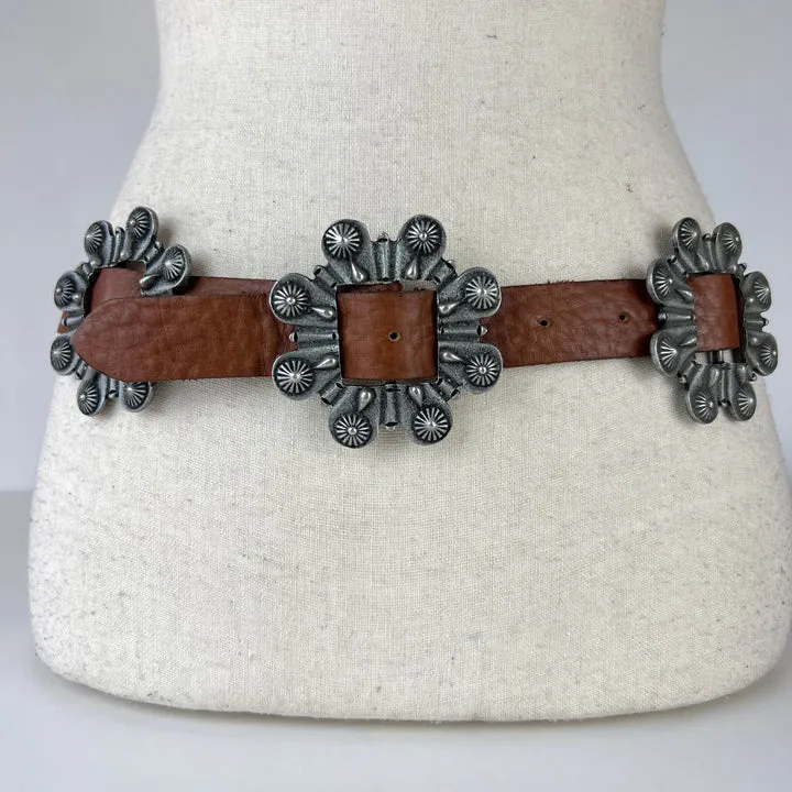 Vintage Brown Leather Pewter Concha Belt Size 32"