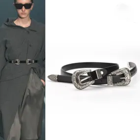 Vintage style double silver buckle leather belt