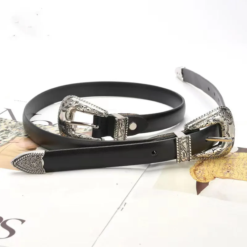 Vintage style double silver buckle leather belt