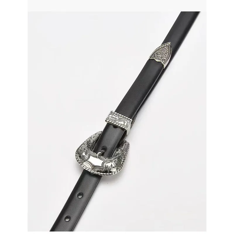 Vintage style double silver buckle leather belt