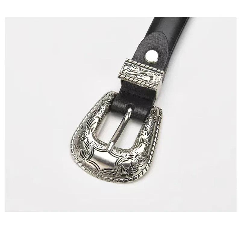 Vintage style double silver buckle leather belt
