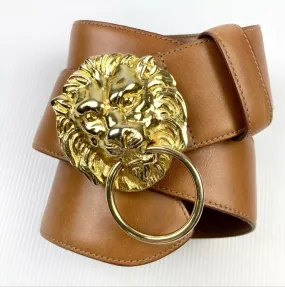 Vintage Tan Leather Belt with Gold-Tone Lion Head Buckle – Designer-Prada Statement Piece