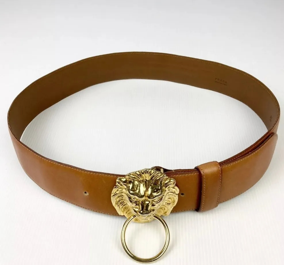 Vintage Tan Leather Belt with Gold-Tone Lion Head Buckle – Designer-Prada Statement Piece