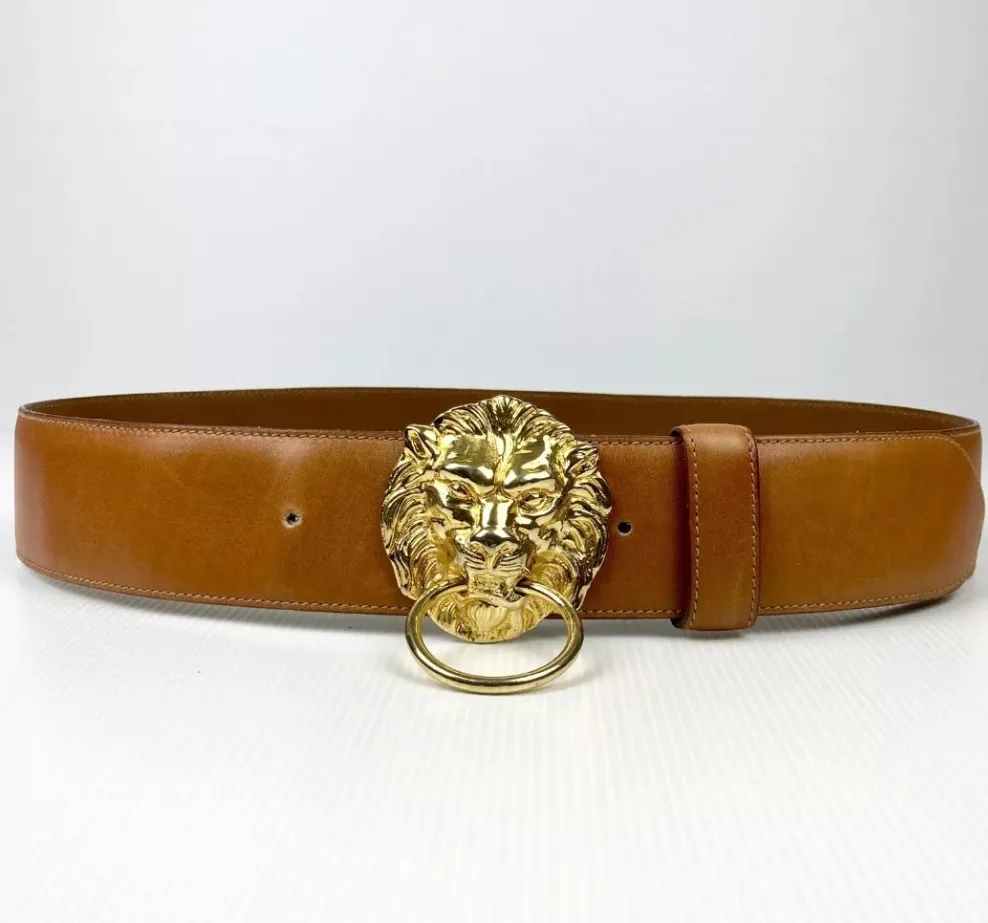 Vintage Tan Leather Belt with Gold-Tone Lion Head Buckle – Designer-Prada Statement Piece