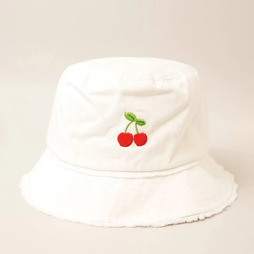 White Cherry Distressed Denim Cotton Bucket Hat