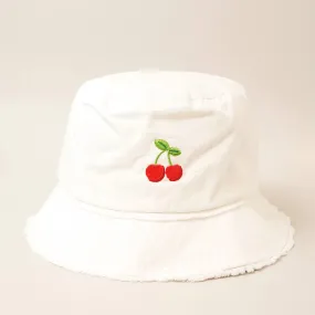 White Cherry Distressed Denim Cotton Bucket Hat